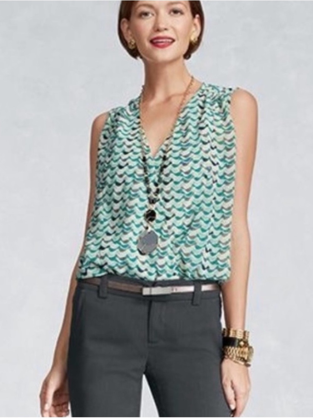 CAbi Teal Wave-Print Sleeveless V-Neck Top